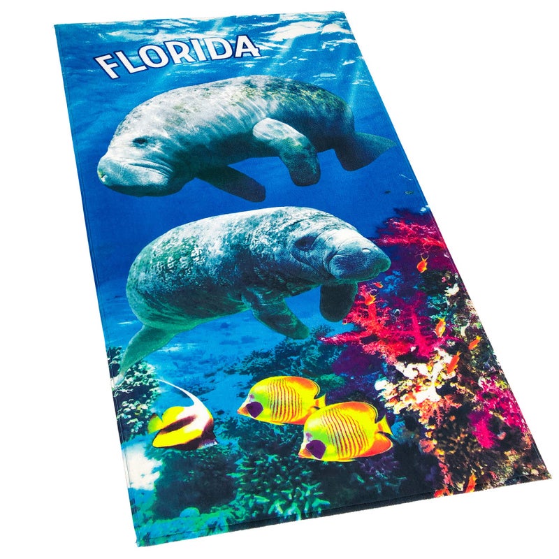 Softerry Florida Manatees Beach Towel 30 x 60 inches Printed Velour 100% Cotton - Image 1